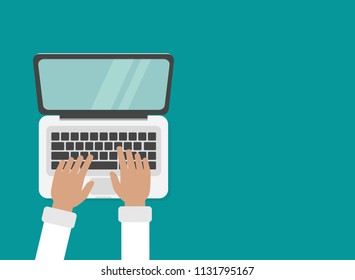 Work background. laptop and hands on the keyboard. human hands using computer on blue background. notebook top view. freelancer wrighting, typing. Design and coding. Vector illustration. 
