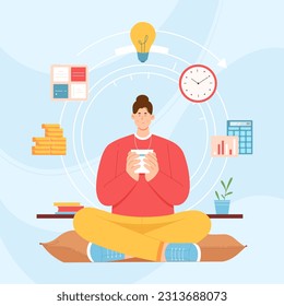 Work balance, professional time management vector illustration. Cartoon effective businessman sitting in lotus position with cup during coffee break, office files and clock flying over character