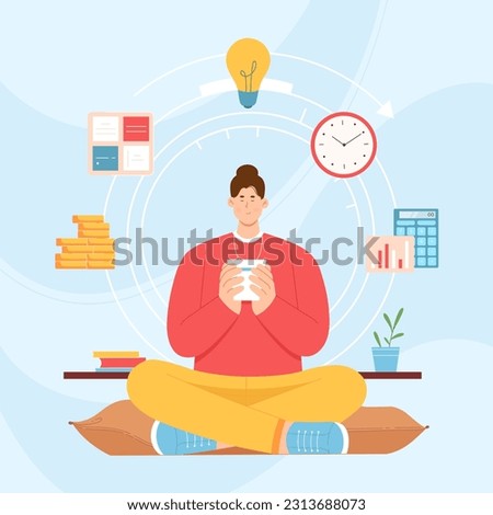 Work balance, professional time management vector illustration. Cartoon effective businessman sitting in lotus position with cup during coffee break, office files and clock flying over character