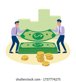 The work of the banking system. Employees men make cumulative operations with money. Airbag, Vector flat style, isolated. Bank vault with a cash supply of money, green banknotes and gold mann.