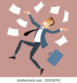 Work behind the dismissal, Friday or madness. Businessman throws paper