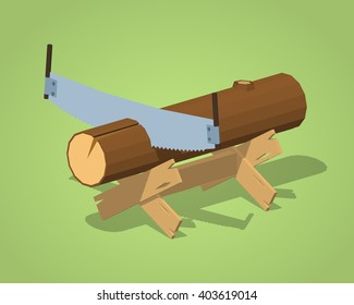 Work bench with the log and handsaw against the green background. 3D lowpoly isometric vector illustration