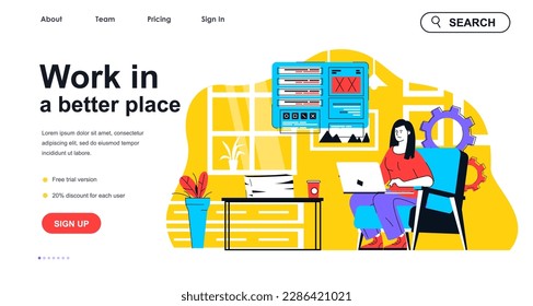 Work in better place concept for landing page template. Woman working on laptop. Comfortable remote workplace, outsourcing people scene. Vector illustration with flat character design for web banner