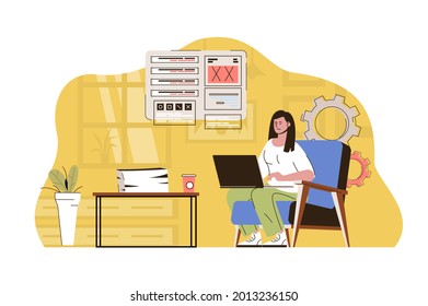 Work in better place concept. Woman working on laptop from home office situation. Comfortable remote workplace people scene. Vector illustration with flat character design for website and mobile site