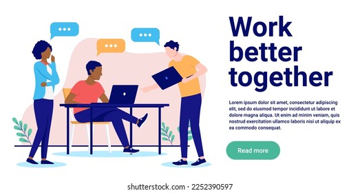 Work better together - Small team of three business people working in teamwork and collaborating for better result. Flat design vector illustration with white background and copy space for text