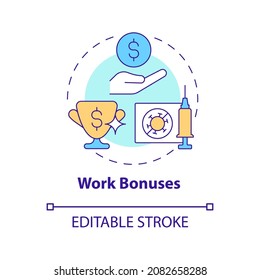 Work Bonuses Concept Icon. Vaccination Rewards Abstract Idea Thin Line Illustration. Paid Time Off. Cash Bonuses. Handling Employee Health. Vector Isolated Outline Color Drawing. Editable Stroke