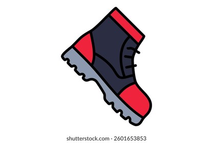 Work Boot Vector Icon – Safety Footwear Illustration, Modern Flat Design Equipment Symbol, red, black, gray, kick