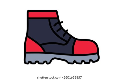 Work Boot Vector Icon – Safety Footwear Illustration, Modern Flat Design Equipment Symbol, red, black, gray