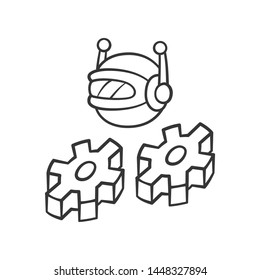 Work bot linear icon. Optimizer robot with cogwheels. AI, artificial intelligence. Machine learning. Thin line illustration. Contour symbol. Vector isolated outline drawing. Editable stroke