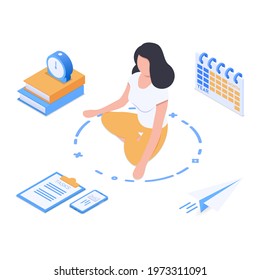 Work break concept. Girl in lotus position withdrew from all affairs. De-stress in the workplace. Vector  illustration in isometric style. Isolated on white background.