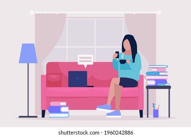 Work break concept. Procrastination concept. Young woman resting on the sofa with a smartphone and cup of coffee or tea. Freelancer. Worker. Vector illustration in a flat style
