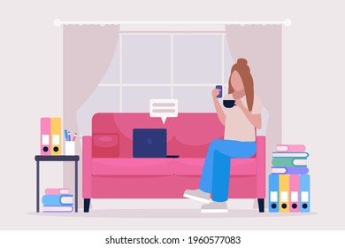 Work break concept. Procrastination concept. Young woman resting on the sofa with a smartphone and cup of coffee or tea. Freelancer. Worker. Vector illustration in a flat style