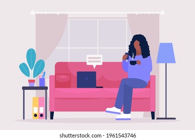 Work break concept. Procrastination concept. Young woman resting on the sofa with a smartphone and cup of coffee or tea. Freelancer. Worker. Vector illustration in a flat style