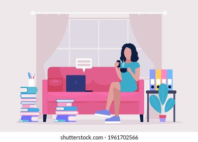 Work break concept. Procrastination concept. Young woman resting on the sofa with a smartphone and cup of coffee or tea. Freelancer. Worker. Vector illustration in a flat style
