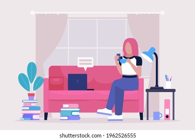 Work break concept. Procrastination concept. Young woman resting on the sofa with a smartphone and cup of coffee or tea. Freelancer. Worker. Vector illustration in a flat style