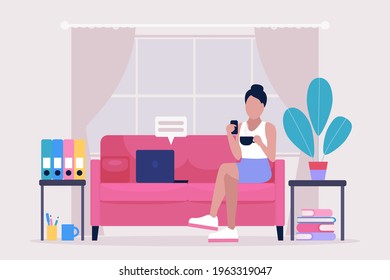 Work break concept. Procrastination concept. Young woman resting on the sofa with a smartphone and cup of coffee or tea. Freelancer. Worker. Vector illustration in a flat style