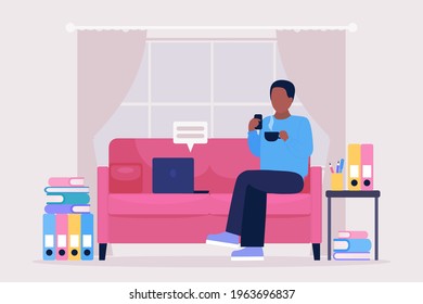 Work break concept. Procrastination concept. Young man resting on the sofa with a smartphone and cup of coffee or tea. Freelancer. Worker. Vector illustration in a flat style