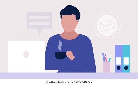 Work break concept. Young man with a cup of tea or coffee at the computer. Freelancer. Worker. Communication in social networks, mail, online meeting, video call. Vector illustration in a flat style
