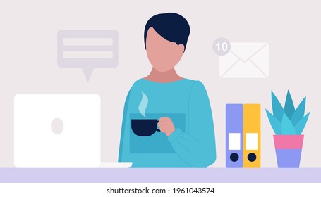 Work break concept. Young man with a cup of tea or coffee at the computer. Freelancer. Worker. Communication in social networks, mail, online meeting, video call. Vector illustration in a flat style