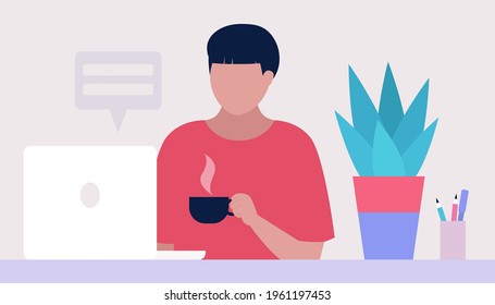 Work break concept. Young man with a cup of tea or coffee at the computer. Freelancer. Worker. Communication in social networks, mail, online meeting, video call. Vector illustration in a flat style