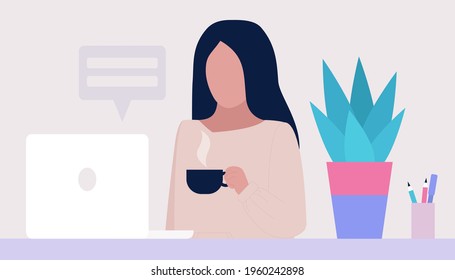 Work break concept. Young woman with a cup of tea or coffee at the computer. Freelancer. Worker. Communication in social networks, mail, online meeting, video call. Vector illustration in a flat style