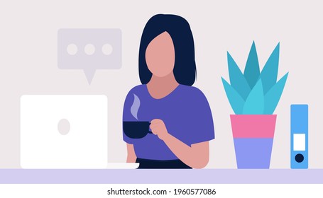 Work break concept. Young woman with a cup of tea or coffee at the computer. Freelancer. Worker. Communication in social networks, mail, online meeting, video call. Vector illustration in a flat style