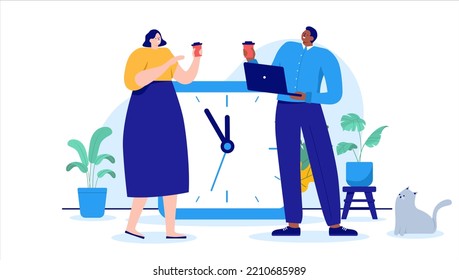 Work break - Two working people, man and woman chit chatting with cup of coffee smiling and being happy. Flat design cartoon illustration with white background