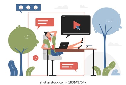Work break vector illustration. Cartoon young happy business woman character sitting and relaxing in communication, office worker watching movie, communicating, messaging at breaktime background
