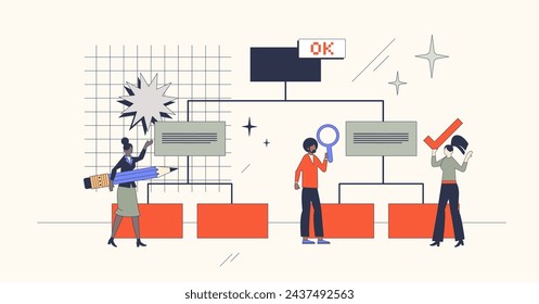 Work breakdown structure for project planning in neubrutalism tiny person concept. Business strategy for effective task teamwork vector illustration. Job organization and productive leadership.