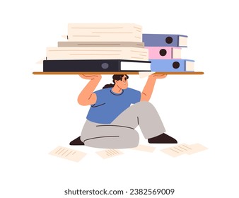 Work burden, overload and bureaucracy concept. Overworked employee with many paper documents, business folders. Paperwork, heavy workload. Flat vector illustration isolated on white background