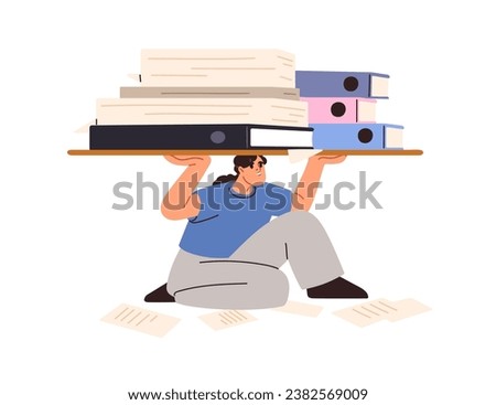 Work burden, overload and bureaucracy concept. Overworked employee with many paper documents, business folders. Paperwork, heavy workload. Flat vector illustration isolated on white background
