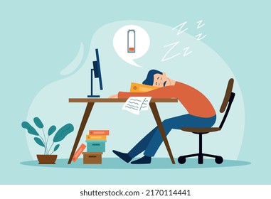 Work burnout concept. Man sleeps in front of computer monitor, lazy character in workplace. Overworked guy, poor time management and deadline pressure metaphor. Cartoon flat vector illustration