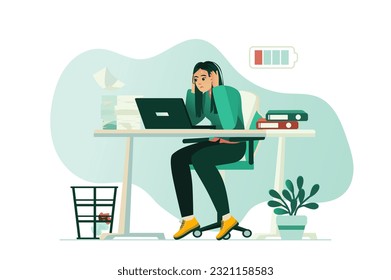 Work burnout concept with people scene in the flat cartoon design. The woman is tired and needs rest. Vector illustration.