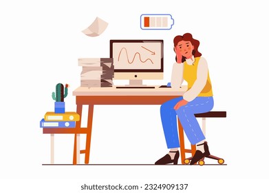 Work burnout concept with people scene in the flat cartoon design. The girl feels burnt out because she is tired at work. Vector illustration.