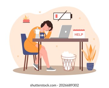 Work burnout concept. Tired woman sitting at her laptop and asks for help. Employee with low energy level. Sad female character. Cartoon modern flat vector illustration isolated on white background