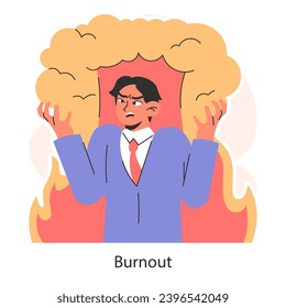 Work burnout. Distressed man overwhelmed by fiery emotions. Mental strain. Overwork, work-life misbalance, burning deadline and stress, job pressure. Flat vector illustration