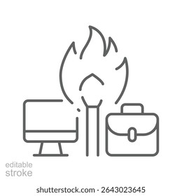 Ícone de esgotamento do trabalho Contornar o símbolo da linha fina mostrando o fogo entre o computador e a pasta representando o estresse do trabalho e o esgotamento mental