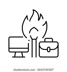 Work burnout icon Outline thin line symbol showing fire between computer and briefcase representing job stress and mental exhaustion