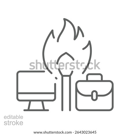Work burnout icon Outline thin line symbol showing fire between computer and briefcase representing job stress and mental exhaustion