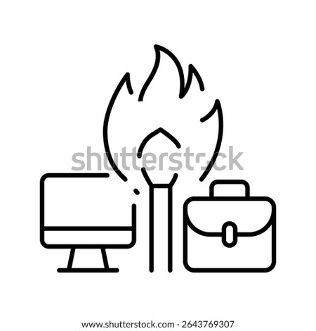 Work burnout icon Outline thin line symbol showing fire between computer and briefcase representing job stress and mental exhaustion