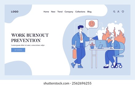 Work Burnout Prevention concept. A calm executive supporting a stressed colleague with an engulfing fire metaphor. Workplace stress management strategy. Vector illustration.