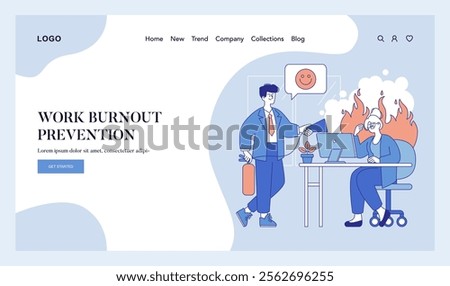 Work Burnout Prevention concept. A calm executive supporting a stressed colleague with an engulfing fire metaphor. Workplace stress management strategy. Vector illustration.