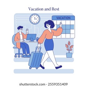 Work Burnout Prevention concept. Employee takes a leave, highlighting the importance of rest amid busy workplace. Promoting work-life balance. Vector illustration.