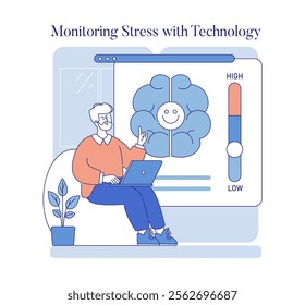Work Burnout Prevention concept. Man using laptop with brain graphic indicating stress levels. Self-care with technology aid. Vector illustration.