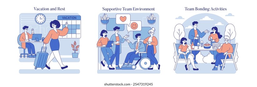 Work Burnout Prevention set. Demonstrating vacation planning, supportive colleagues, and team bonding events. Prioritizing employee well-being and corporate culture. Vector illustration.