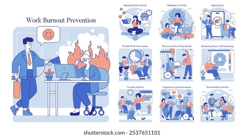 Work Burnout Prevention set. Strategies for mental wellbeing at the workplace. Balancing life, mindfulness, detox, breaks, stress monitoring, team support. Vector illustration.