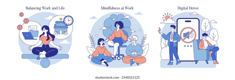 Work Burnout Prevention set. Strategies for life balance, mindful practices, and disconnecting from digital devices. Coping with stress through healthy routines. Vector illustration.