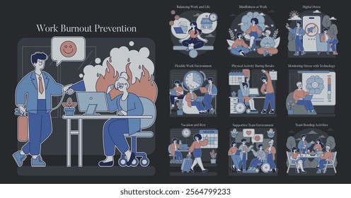 Work Burnout Prevention set. Strategies for maintaining employee well-being and productivity. Scenes depict relaxation, mindfulness, team support. Vector illustration.