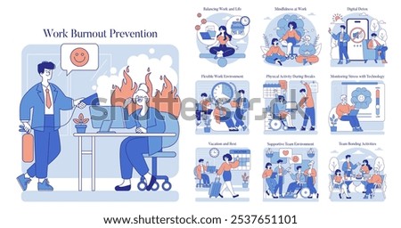 Work Burnout Prevention set. Strategies for mental wellbeing at the workplace. Balancing life, mindfulness, detox, breaks, stress monitoring, team support. Vector illustration.