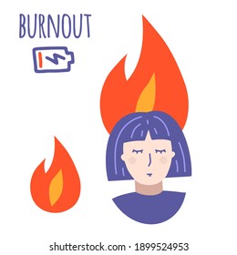 Work burnout. Professional burnout syndrome. Tired woman in stress. Mental problems, depressed female worker with low energy battery in fire. Flat cartoon vector illustration.